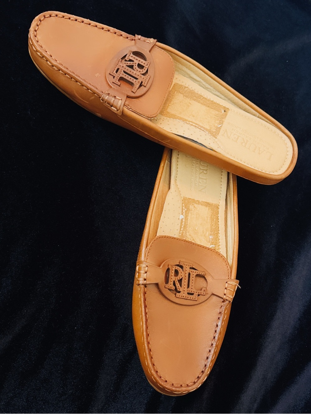 Ralph Lauren Women’s Tan Leather RL Logo Slip-On Loafers
